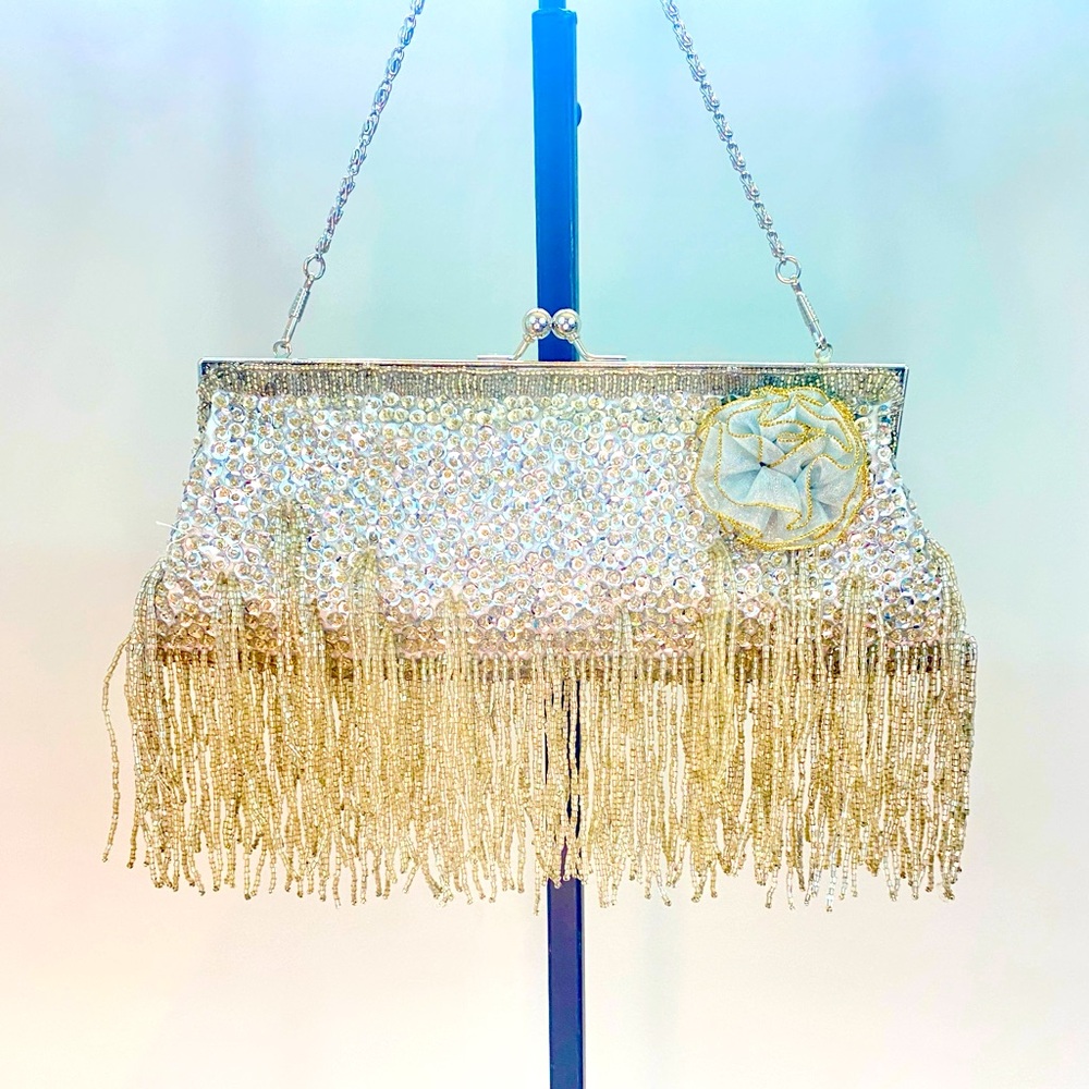 Frock Candy Silver Beaded Fringe Evening Clutch Purse Handbag Floral Accent NWT
